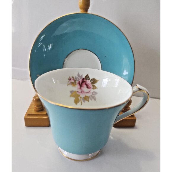 Aynsley England Bone China Tea Cup & Saucer Blue/Pink Roses Corset Shape - Picture 1 of 11